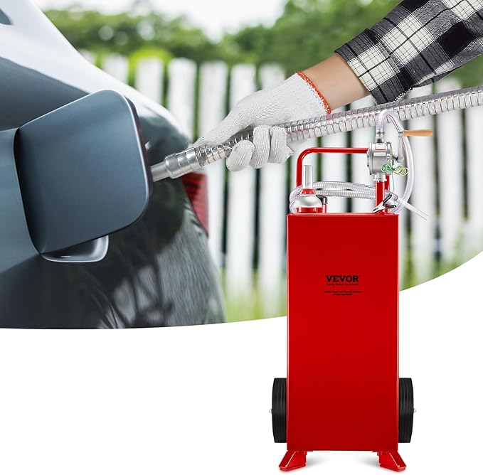VEVOR 30 Gallon Fuel Caddy, Fuel Storage Tank on 2 Wheels, Portable Gas Caddy with Manual Transfer Pump, Gasoline Diesel Fuel Container for Cars, Lawn Mowers, ATVs, Boats, More, Red