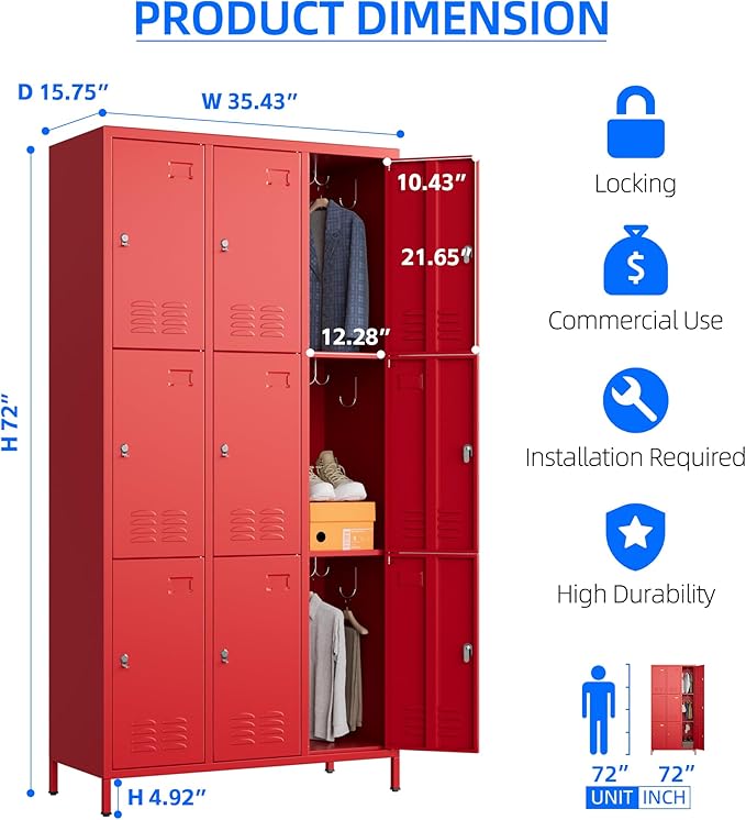 Metal Lockers for Employees with 9 Doors and 27 Hooks, 72”H Storage Locker with Card Slot for Office Gym School Bedroom, Red, Assembly Required