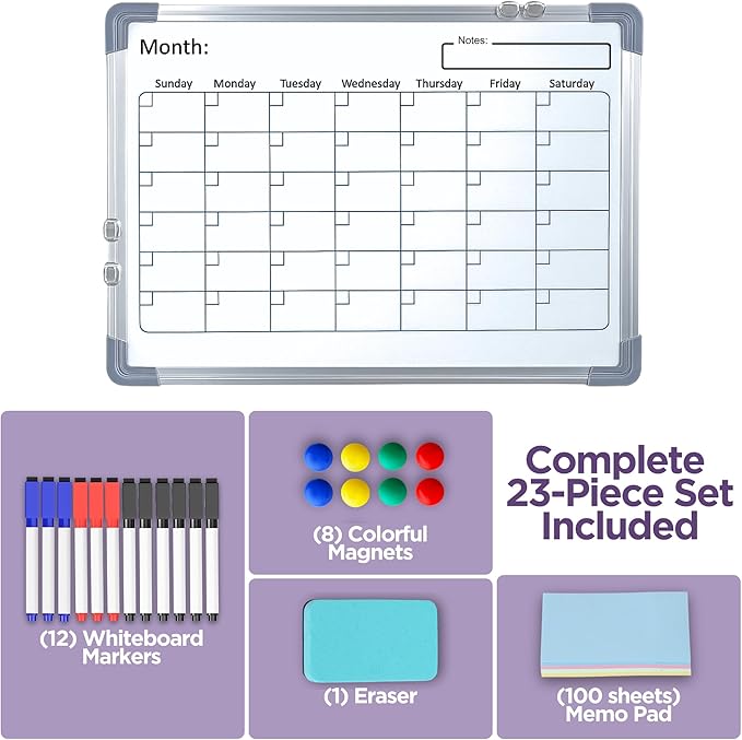 Large White Board Calendar Dry Erase Planner -Dual Side Magnetic Whiteboard for Fridge -Family Calendar Planning Boards w/Movable Hooks - Monthly Whiteboard with Lines, Memo, Pens & Eraser (16x12)