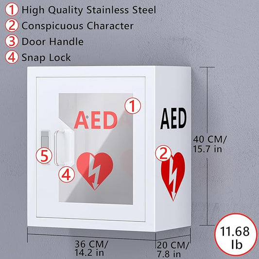 AED Cabinet Wall Mount: Steel Defibrillator Storage Case with Snap Lock and Universal AED Compatibility - for Home/Hospitals/Schools (14.2" W x 7.9" D x 15.7" H)