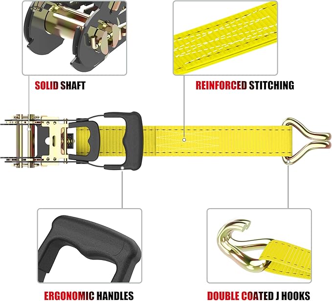 Ratchet Straps (4PK) - 4500lbs Breaking Strength 1.5''×15' Heavy Duty Tie Down Straps with Padded Handles, Double J Hooks & Soft Loops for Moving Motorcycle, Trailer & Trucks (Yellow)