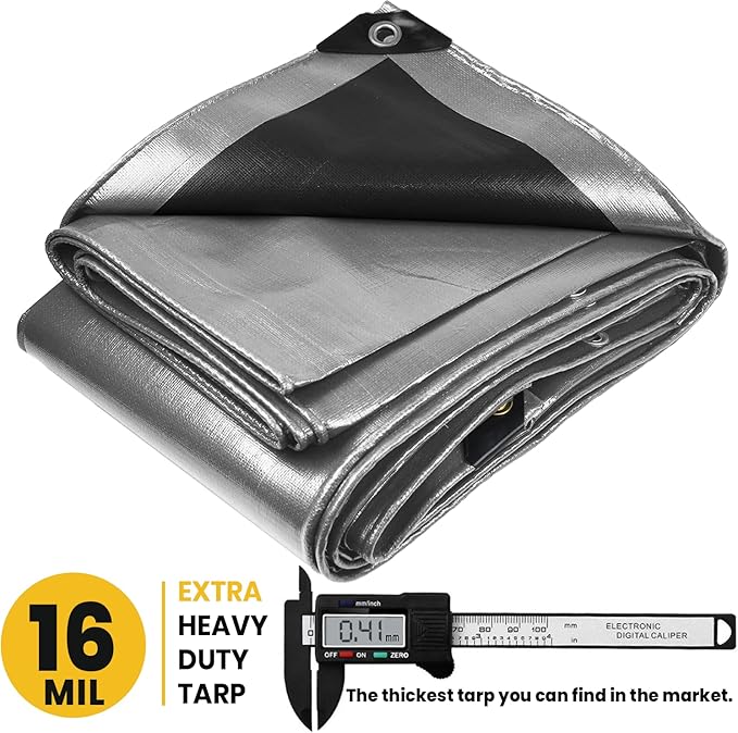 PROTARP Extra Heavy Duty 16 Mil Tarp Cover, Waterproof, UV Resistant, Rip and Tear Proof, Poly Tarpaulin with Reinforced Edges for Roof, Camping, Patio, Pool, Boat. (Silver/Black 12′ X 20′)