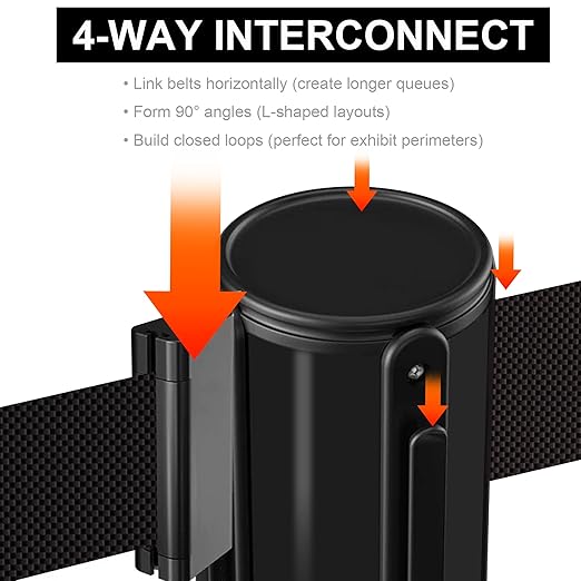 OangeStar 4-Pack Commercial Crowd Control Stanchions with 10ft Retractable Belt - Heavy Duty Queue Barriers for Events, Black Rubber Base Post for High Traffic Areas, Banks & Retail Stores