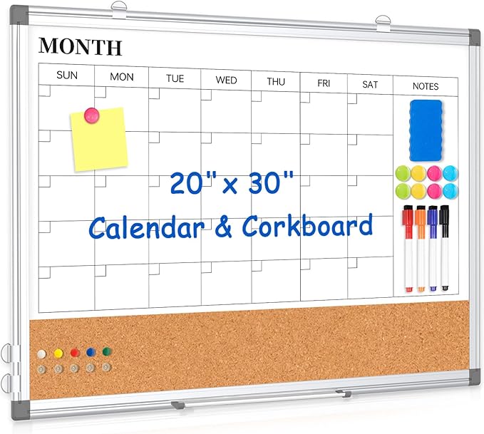 Monthly Calendar Whiteboard Dry Erase Cork Board Combo for Wall, 30" x 20" Magnetic Double-Sided Calendar White Board and Bulletin Board, Portable Board for Office, Kitchen, School, Home, Dorm