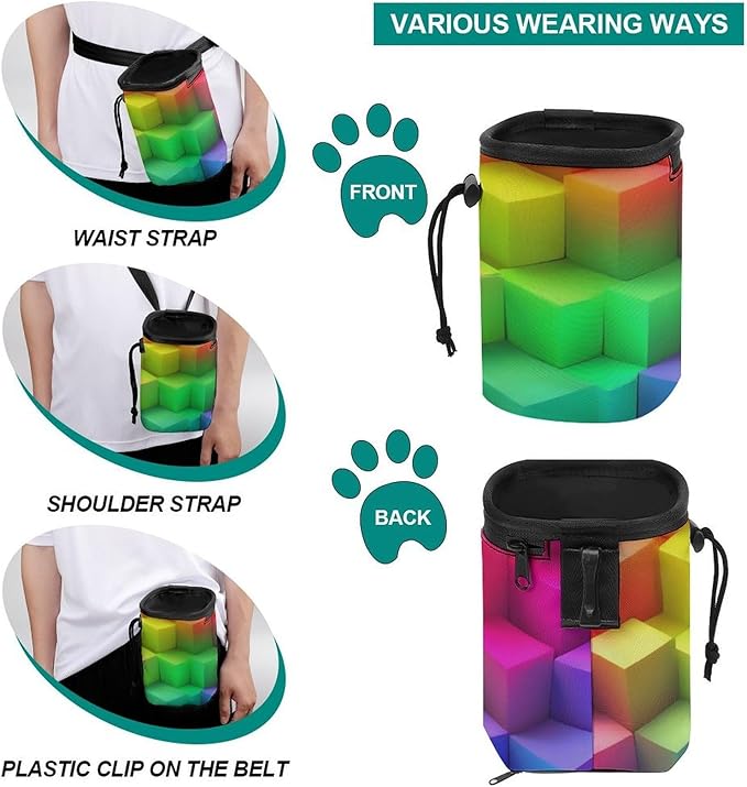 Portable Travel Dog Carrier Bag, Fashion Pet Training Package, Puppy Snack Pocket with Adjustable Waist Belt for Cat Dog Puppy Rainbow Colorful Blocks