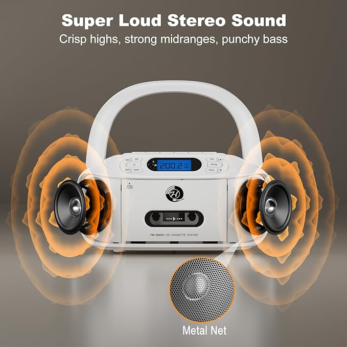 CD Cassette Player Combo, Hernpark Rechargeable Boombox with Bluetooth 5.1, CD Player with Remote Control, Tape Recording, FM Radio, Super Bass, Stereo Sound, Aux/USB Drive, Headphones Jack -White