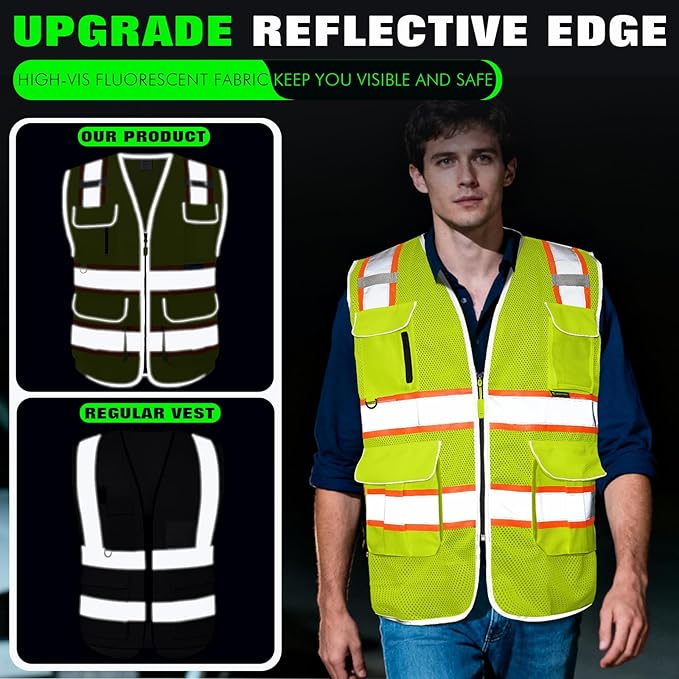 BeautyWill 10 Pack Custom Logo Safety Vest ANSI Class 2 High Visibility Reflective Vest Personalized Construction Vest Bulk