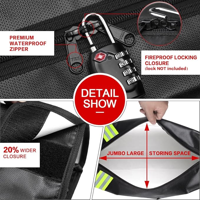 ROLOWAY Large (17 x 12 x 5.8 inches) Fireproof Bag with Reflective Strip, Water Resistant Fireproof Document Bag Safe for Money, Documents and Valuables Storage