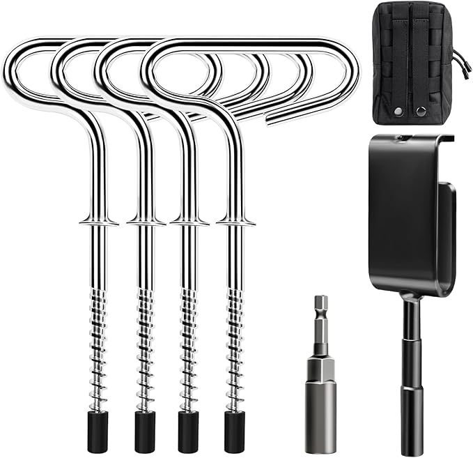Ice Anchor Tool Kit for Ice Fishing Shelter, Includes 1 Drill Adapter, 4 Threaded Pegs, 1 Storge Bag, and 1 Impact Socket, Heavy Duty Ice Fishing Tent Stakes, Portable Ice Shelter Setup Tools