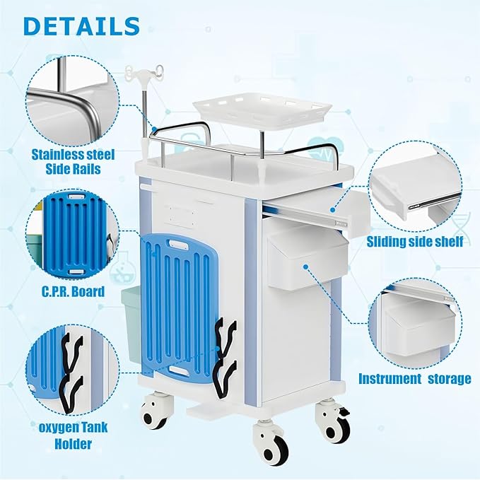 Emergency Crash Cart with Accessories IV Pole, Cardiac Board, O2 Holder, Mobile Cart, Trash Can, Drawer for Clinic,Nursing Center, 30" L x 19" W x 38" H (Grey)