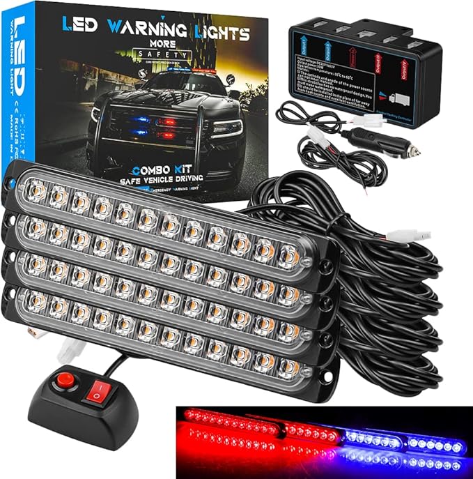 7 Inch LED Warning Safety Flashing Beacon Lights Kit, 4Pcs 12 LEDs Strobe Light Flashing Warning for All 12V-24V Vehicle off-road Truck SUV ATV Forklift Tractor Fire Engine (Red+Blue)
