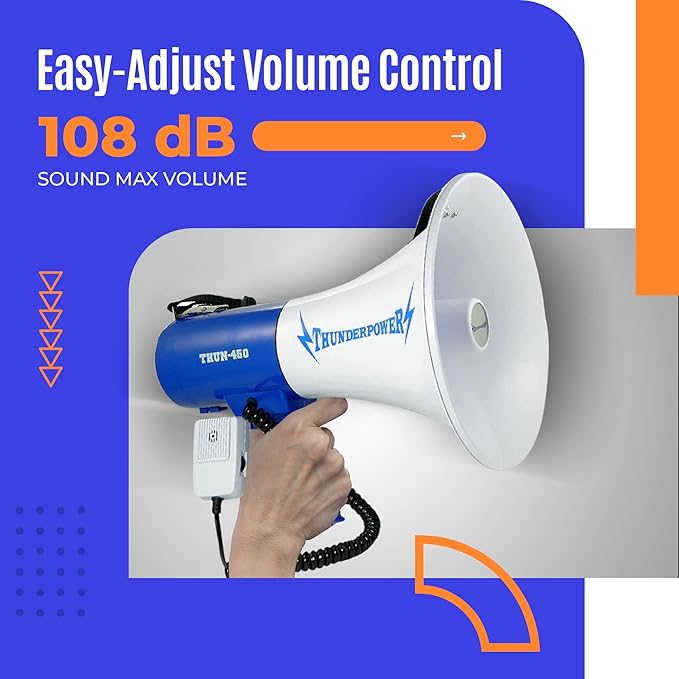 ThunderPower THUN450 Extra-Loud Megaphone Speaker – 35W Voice Amplifier for 1,400-Yard Range – Bullhorn Megaphone with Voice, Siren & Whistle Mode – Bull Horn Loud Speaker with Mic & Shoulder Strap