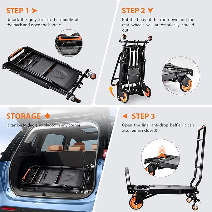 Folding Hand Truck，500lbs Capacity Heavy Duty Carrying Hand Cart，Ironton Steel Hand Truck with 4 Rotate Wheels，for Luggage, Moving, Shopping, Office,Travel Use(Orange)