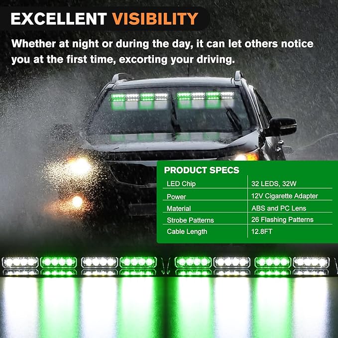 Nilight 32LED Green White Emergency Dash Strobe Lights with Controller Suction Cups Warning Hazard Interior Front/Rear Windshield Deck Split Light Bar for Truck Construction Vehicle