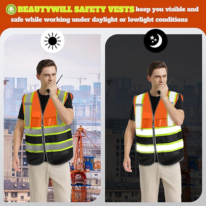 BeautyWill 10 Pack Custom Logo Safety Vest ANSI Class 2 High Visibility Reflective Vest Personalized Construction Vest Bulk