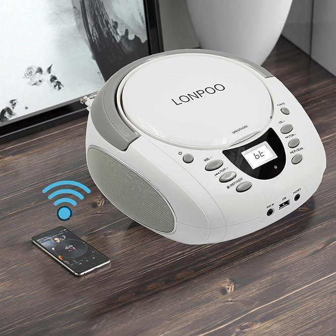 LONPOO CD Players Portable Boombox with FM Radio/USB/Bluetooth/AUX Input and Earphone Jack Output, Stereo Sound Speaker & Audio Player,White