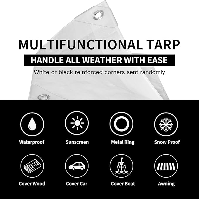 TARPAL 16'x20' White Tarp Waterproof 7.5 mil Medium Duty All Purpose Poly Tarps Cover Waterproof,Snow Proof UV Protection,Rip and Tear Proof,Poly Tarpaulin