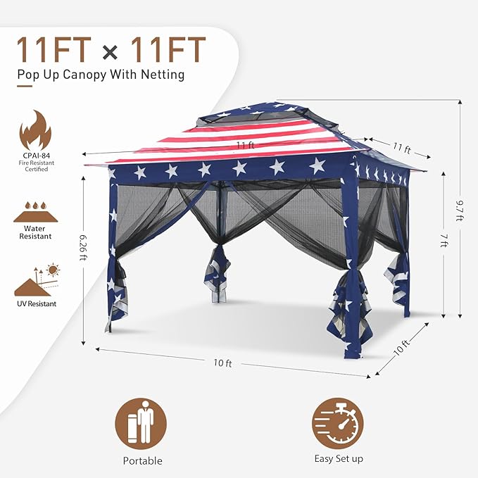 COOS BAY 11x11 Pop-Up Instant Gazebo Tent with Mosquito Netting Outdoor Canopy Shelter with 121 Square Feet of Shade (American Flag)
