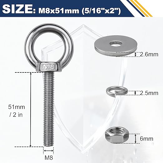 12 Pack M8 Stainless Steel Eye Bolts with Nuts, 5/16" x 2" Long Lifting Ring Eye Bolt， Eye Bolts Heavy Duty for Hang Tie Down Outdoor (12, M8x51mm (5/16"x2"))