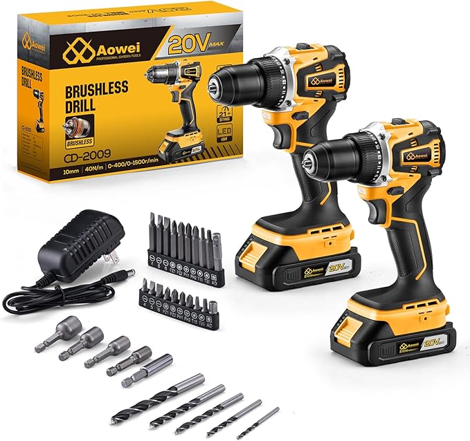 20V Yellow Brushless Cordless Drill Set (2-Piece) - Compact Power Drill Driver with 2.0Ah Battery, Power Drill Set with Battery and Charger & 3/8" Keyless Chuck，Yellow