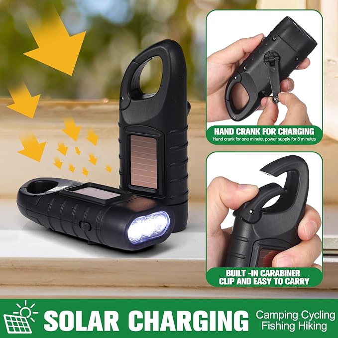 Leelosp 2 Pieces Hand Crank Flashlight Solar Powered Flashlight for Emergencies Dynamo Rechargeable LED Survival Light for Outdoor Sports Hiking Camping (Black)