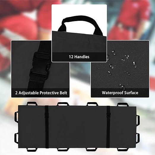 Portable Transport Stretcher with 12 Handles，Dog Stretcher & Gurney with Carrying Bag Patient Animal Mover Travel Size Emergency Casualty Evacuation-Capacity 400lbs (Black)