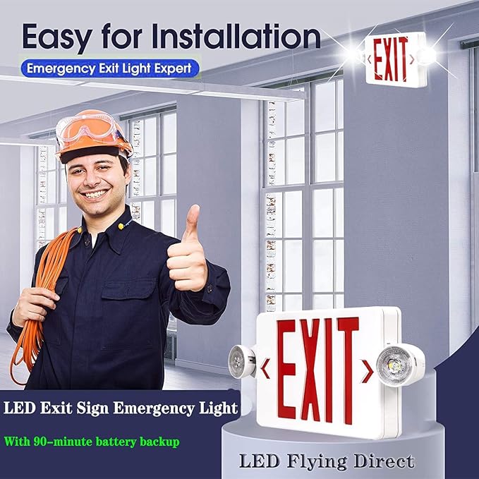 LED Exit Sign with Emergency Light, Double Sided Red with Battery Backup, Rotatable Light Head, AC 120V/277V, UL Listed Commercial LED Emergency Exit Light (2Pack, Red)