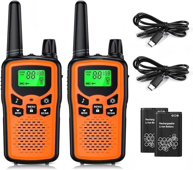 Walkie Talkies 2 Pack Walkie talkies with Rechargegable for Adults, 22 Channel FRS 2-Way Radios Walky Talky with LED Flashlight for Climbing, Camping Trip and Family Emergency Kit(2 Pack Orange).