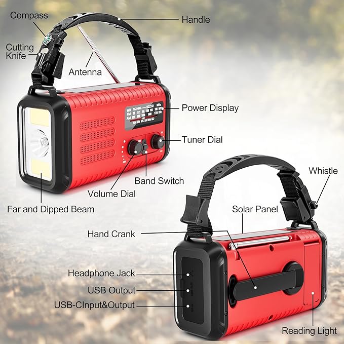 Emergency Hand Crank Weather Radio 20000mAh/74000mWh AM/FM/NOAA Solar Powered Radio with Phone Charger, SOS Alarm Emergency LED Flashlight, Reading Lamp Headphone Jack for Hurricanes Emergencies