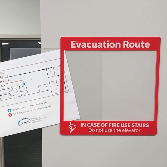 Evacuation Route Map Holder, Clear Plastic Reverse Printed in Red, 8.5" x 11" Pocket For Sign, Adhesive tabs included for easy installation to any door or wall, 11.5" x 11.5"
