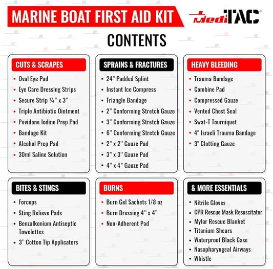 MediTac Marine Boat First Aid Medical Kit with Lightweight and Water Proof Black Case