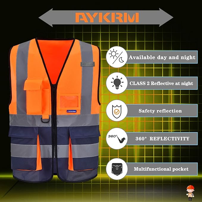 Orange&Navy 4XL-5XL High visibility vest,Reflective Safety Vest Workwear 7 Pockets Hi Vis Durable Vest with Reflective Tapes 4 Lower Pockets