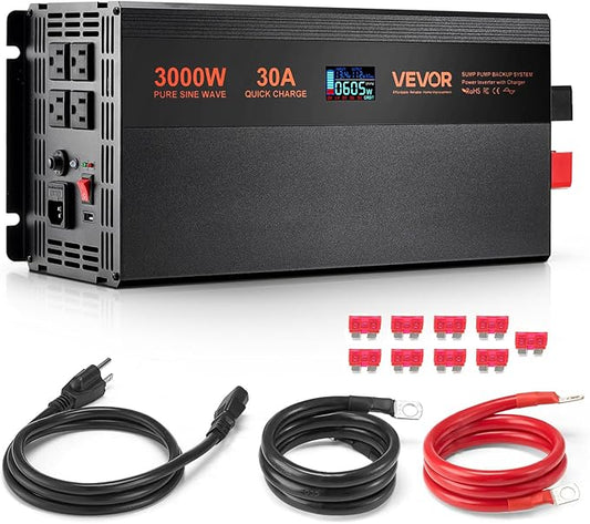 VEVOR Sump Pump Battery Backup System, 3000W, Auto Switches to Battery Inverter for Continuous Sump Pump Operation, Pure Sine Wave, LCD Display, for Basement Protection Emergency and Power Outage