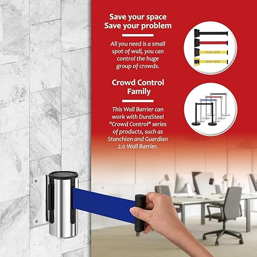DuraSteel Wall Mount Crowd Control Retractable Belt Barrier- 9.2 Ft Blue Retractables Barrier Belt w/Stainless Steel Casing - Do Not Enter Crowd Control Barriers NOT Stanchions with Retractable Belts