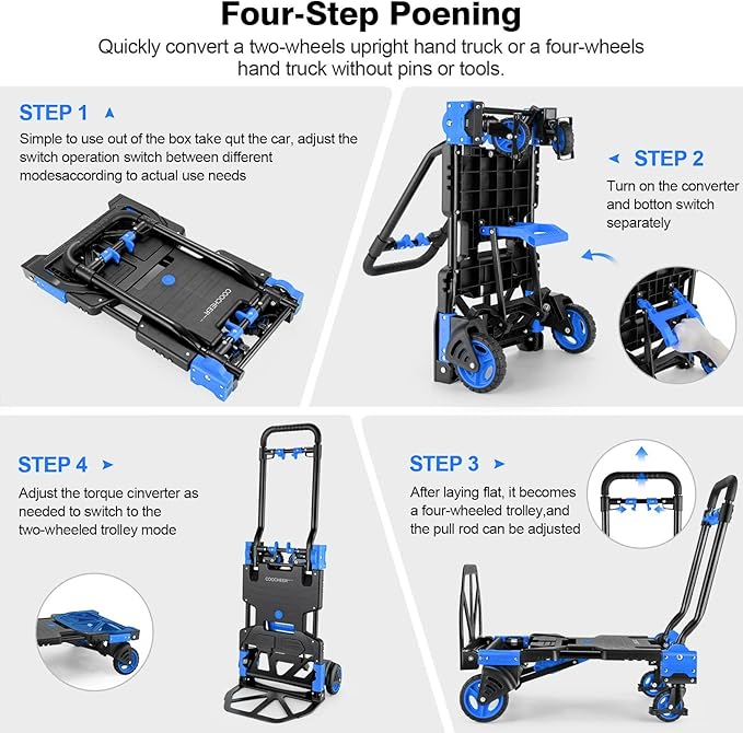 2-in-1 Folding Hand Truck Dolly 330LB Load Carrying, Hand Truck Foldable Dolly with Retractable Handle and 4 Rubber Wheels, Portable Folding Hand Cart for Moving/Travel/Office(Blue)