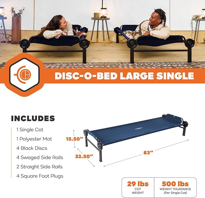 Disc-O-Bed Large Outdoor Modular 1 Person Single Camping Cot Portable Bed for Adults, Sleep Solution for Tents, Navy