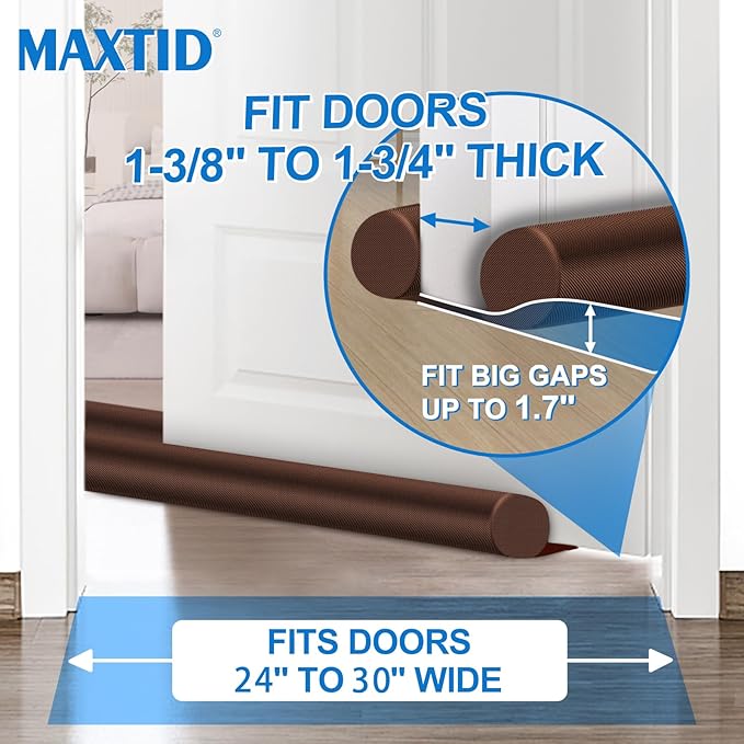 MAXTID Brown Large Door Draft Stopper 30 Inch for Small Size Bedroom Door, Fits 0.5 to 1.7" Gaps Under Door Draft Noise Blocker Large Gap Stoppers(24" 25" 26" 27" 28" 29" 30" Doors)