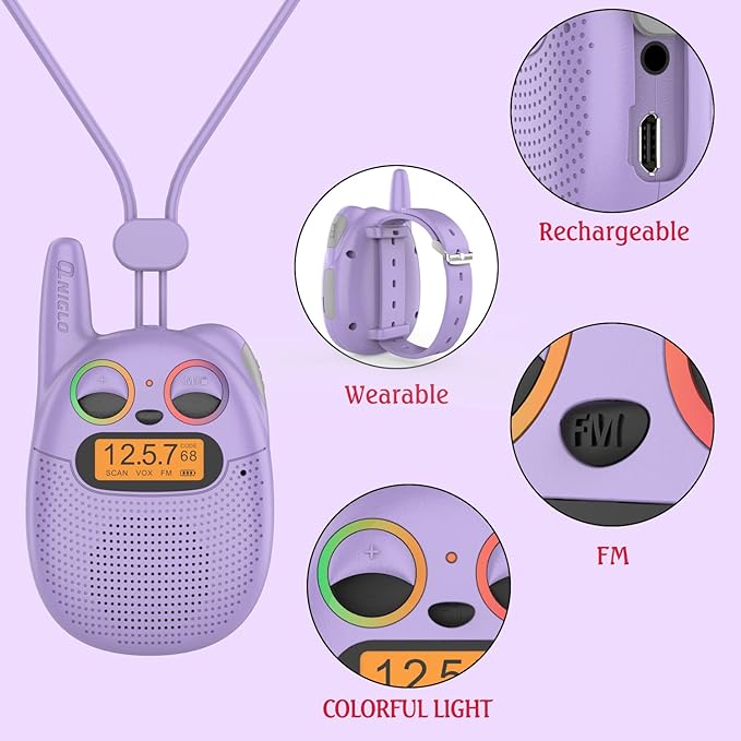 Qniglo Walkie Talkies for Kids Rechargeable, 2 Way Radios Walkie Talkie Watch 3 Miles Long Range, Perfect Outdoor Camping Toys with Lanyard for 3+ Years Old Boys Girls for Hiking Adventures, 3 Pack