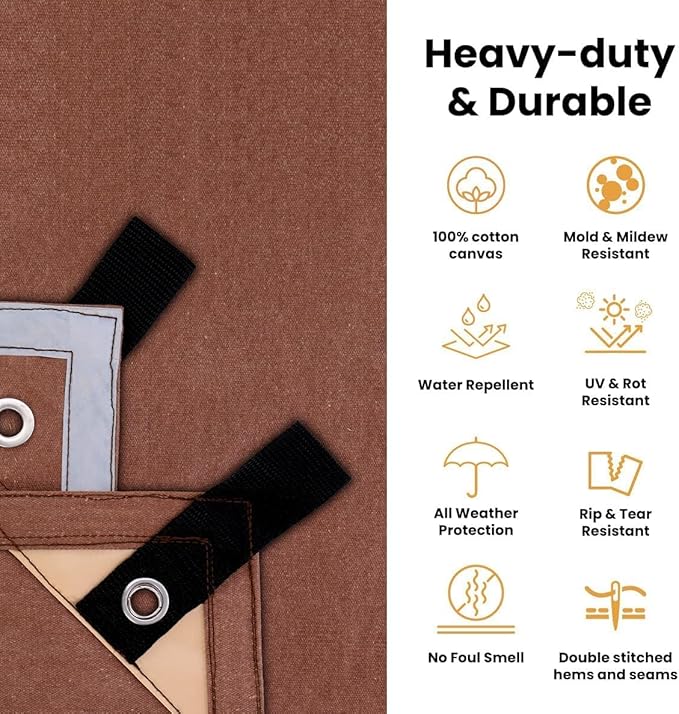WHITEDUCK Canvas Tarp 18 oz. Heavy Duty Waterproof UV Resistant, Rustproof Grommets, Industrial & Commercial Use Cloth Tarps (Cut Size: 6x8, Finished Size: 5'6"x7'6", Olive Drab)
