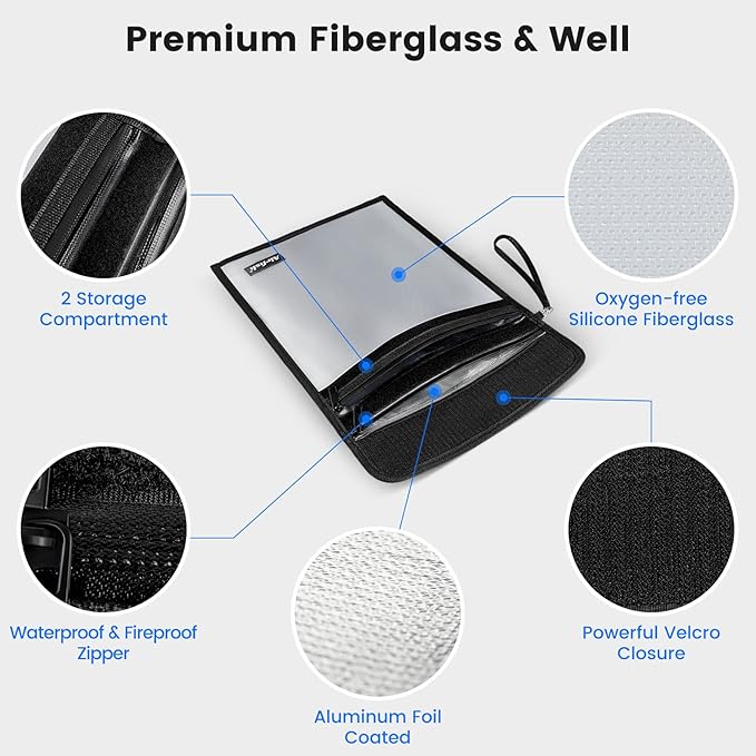 Upgraded 2 Pockets Fireproof Document Bag (5200℉), 15 x 11.5 Inches Non-ltchy Silicone Coated Fireproof and Waterproof Bag, Fireproof Folder for Important Document, Money, Jewelry, Watch, Passport
