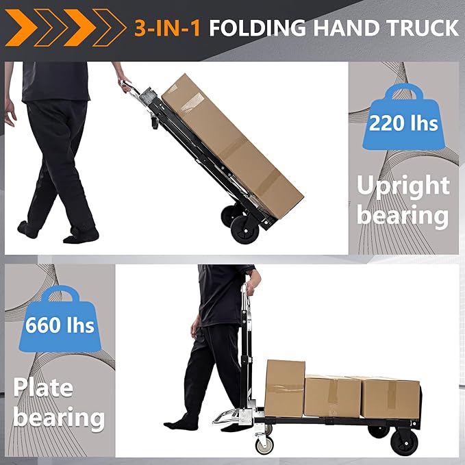 SST Upgraded Folding Hand Truck Dolly Cart, 660 LB Heavy Duty Luggage Cart, 3 in 1 Folding Hand Cart with Wheels and Bungee Cords for Moving Travel Shopping Airport Office