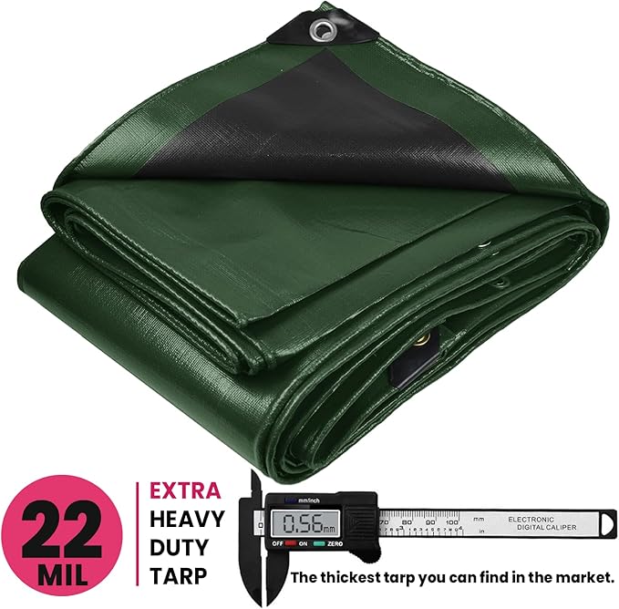 PROTARP Extreme Heavy Duty 22 Mil Tarp Cover, Waterproof, UV Resistant, Rip and Tear Proof, Poly Tarpaulin with Reinforced Edges for Roof, Camping, Patio, Pool, Boat. (Green/Black 24′ X 50′)