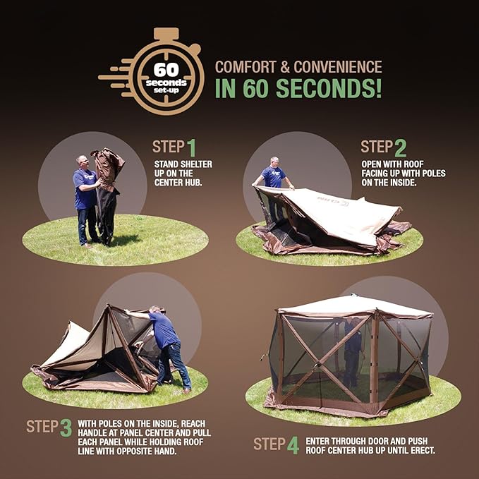 CLAM Pop Up Screen Tent, Large Outdoor Camping Gazebo Canopy, Pavilion, 12.5', Brown - Foldable and Portable Screened Shelter with Netting for Beach, Patio, and Backyard