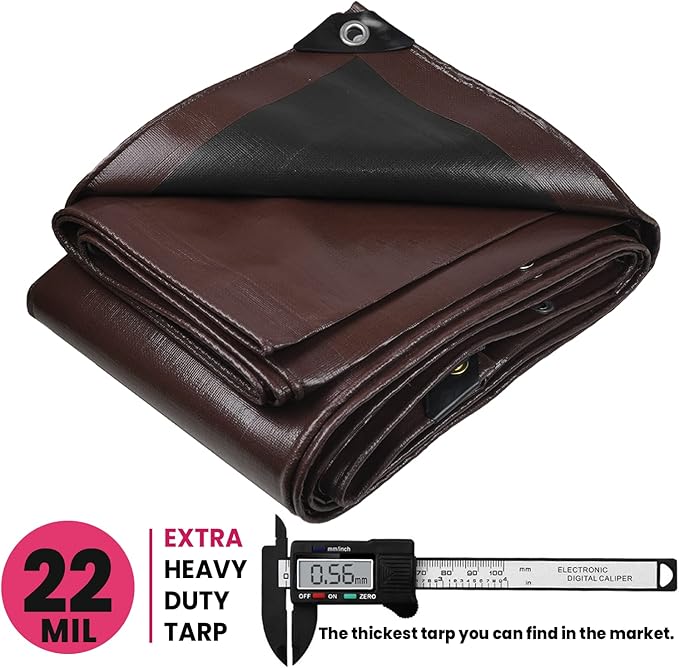 PROTARP Extreme Heavy Duty 22 Mil Tarp Cover, Waterproof, UV Resistant, Rip and Tear Proof, Poly Tarpaulin with Reinforced Edges for Roof, Camping, Patio, Pool, Boat. (Brown/Black 50′ X 100′)