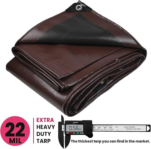PROTARP Extreme Heavy Duty 22 Mil Tarp Cover, Waterproof, UV Resistant, Rip and Tear Proof, Poly Tarpaulin with Reinforced Edges for Roof, Camping, Patio, Pool, Boat. (Brown/Black 24′ X 64′)