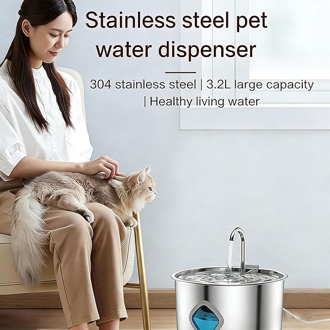 Dog Water Bowl, Triple Filtration System, 3.2L Capacity, Continuous Circulating Water Flow, Quiet Operation Stainless Steel Dog Water Fountain with Visual Water Level for Dogs Cat(8pc filter)