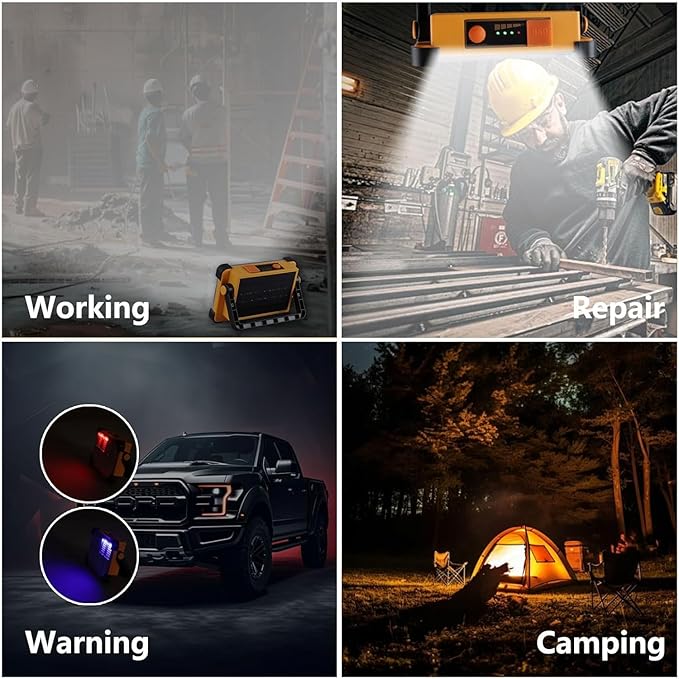 2 Pack 120W Solar Rechargeable Work Light, 144 LED 10000LM Portable Flood Light with Stand, IP66 Waterproof 4 Modes LED Job Site Lighting Flashlights for Mechanic Camping Fishing Car Repair