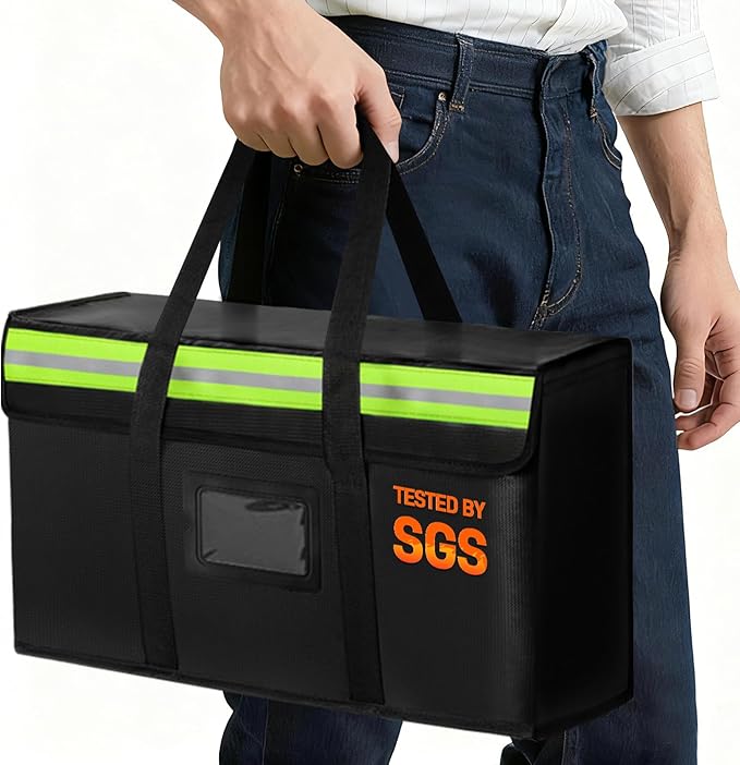 Large Fireproof Document Bags 15x12x6in, Fireproof Document Box for Cash, Photo Albums, Valuables, Extra Large Fireproof Bag Waterproof Document Storage with Reflective Strip, Black