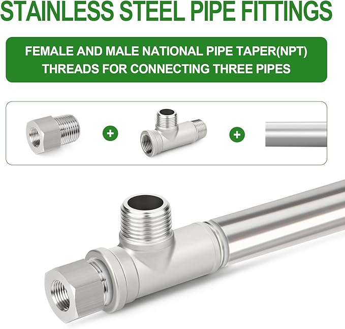 TAISHER 5PCS 304 Stainless Steel Tee Pipe Fittings, 1/2" NPT Female x 1/2" NPT Male x 1/2" NPT Male Extension Pipe Fittings, Female Run Tee