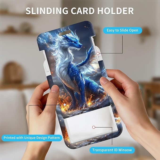 ID Badge Holder with Retractable Lanyard for Women & Men,Vertical ID Card Holder Wallet,Clear Window&Card Slot,Detachable Neck Strap for Nurse Teacher Office,Ice Fire Dragon